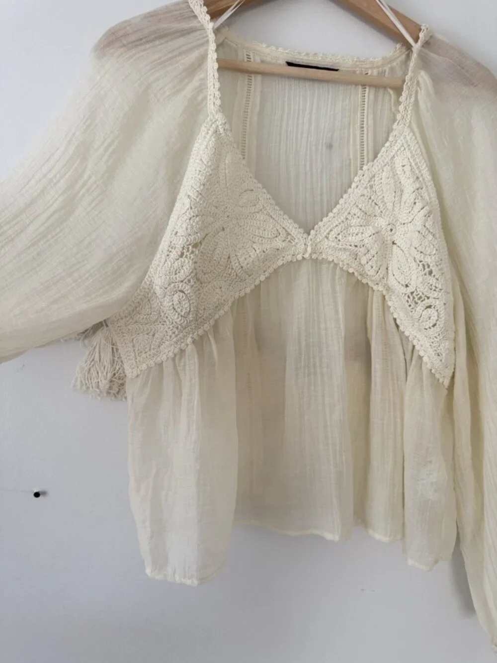 Zara Crochet Contrast Sheer Babydoll Blouson Top In Ecru Ivory Cottage Dainty S